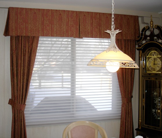 Inverted box pleat valance with drapery panels